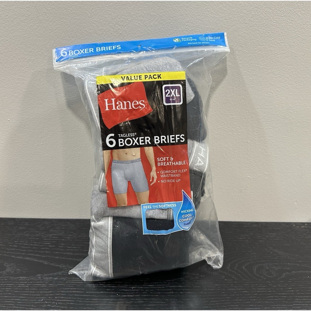 NEW Hanes 6 PACK Mens Boxer Briefs Tagless No Ride up Black Grey Size 2XL